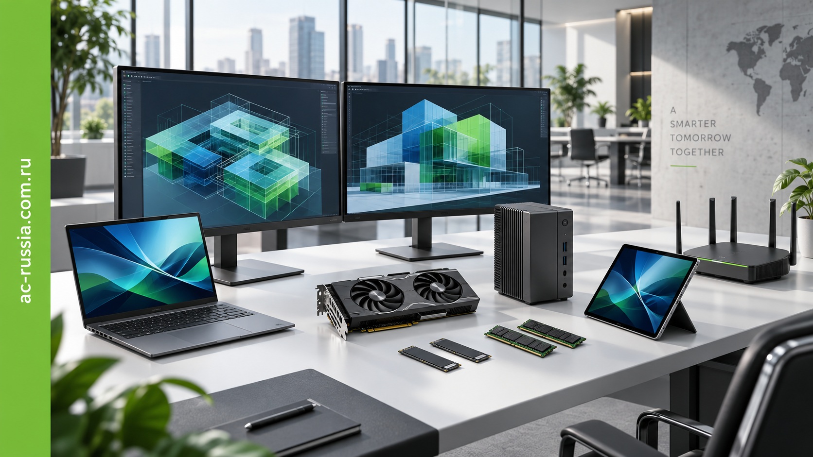 Комплектация рабочих мест Acer: мониторы, ноутбук, компактный компьютер, видеокарта, память, SSD и сетевое оборудование
